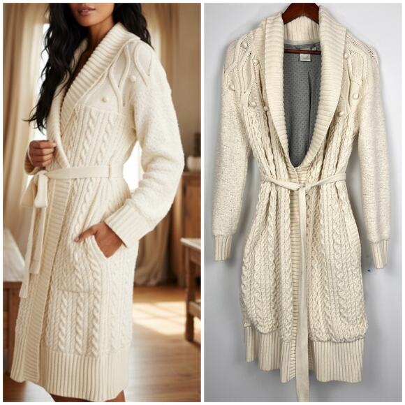 Anthropologie M/L Eloise Ivory Cable Knit Belted Cardigan Sweater Long Boho - Picture 1 of 9